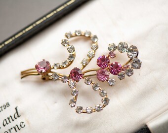 Vintage Rhinestone Flower Brooch, Pink Costume Jewelry Pin