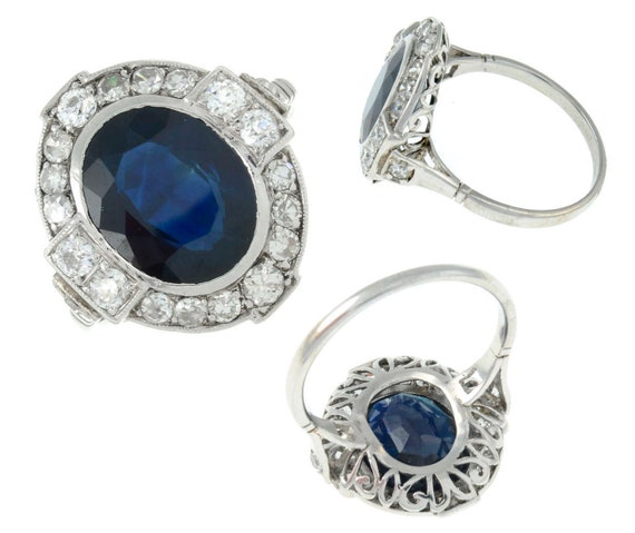 Art Deco sapphire diamond engagement white gold r… - image 4