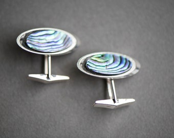 Vintage paua shell silver cuff links, suit accessory New Zealand, estate jewellery, retro jewelry, gift ideas husband boyfriend anniversary