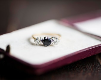 Vintage Sapphire Diamond 18ct Gold Engagement Ring, Trio Stone Jewelry