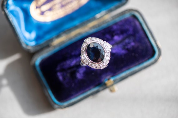 Art Deco sapphire diamond engagement white gold r… - image 1