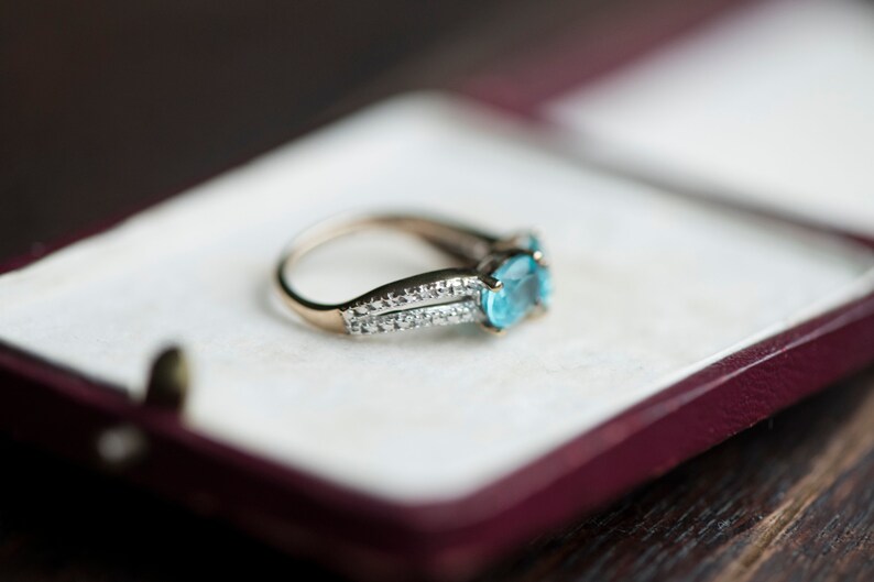 Vintage blue zircon gemstone diamond statement ring, cocktail dress jewellery, everyday blue gemstone jewelry, best wife girlfriend gift image 7