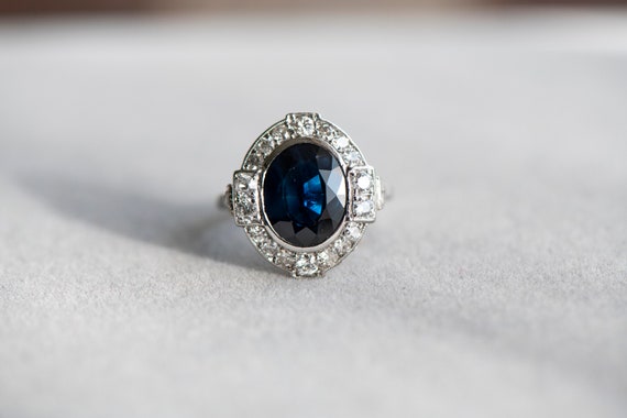 Art Deco sapphire diamond engagement white gold r… - image 2