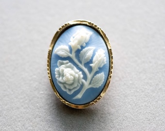 Vintage Rose Cameo Brooch, Blue & White, Golden Costume Jewelry