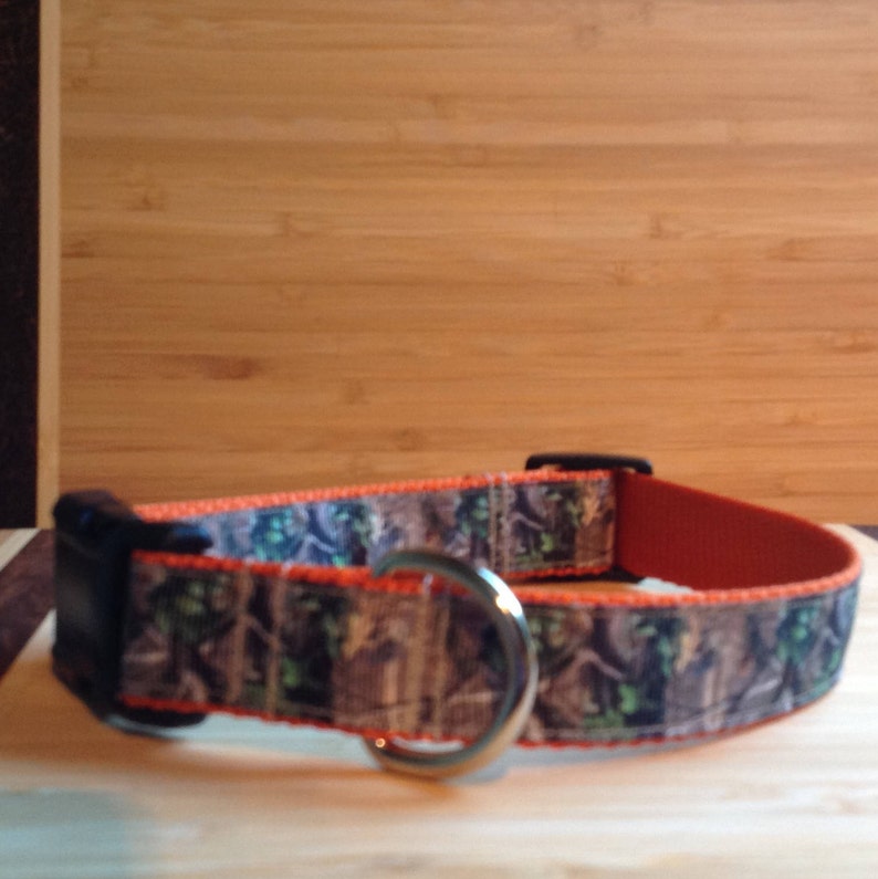 May include: A camouflage dog collar with an orange trim and a silver metal D-ring.