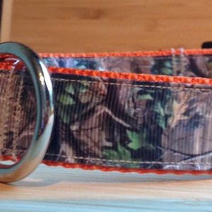 May include: A camouflage dog collar with an orange trim and a silver D-ring.
