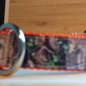 May include: A camouflage dog collar with an orange trim and a silver buckle. The collar has a woodland pattern with brown, green, and black colors.