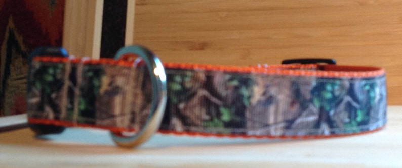 May include: A camouflage dog collar with an orange trim and a silver buckle. The collar has a woodland pattern with brown, green, and black colors.