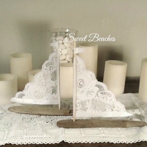 2 White Lace Driftwood Sailboat  6 to 8 inches  Seaside Nautical Resort Decor Wedding Center Peice