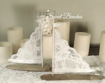 2 White Lace Driftwood Sailboat  6 to 8 inches  Seaside Nautical Resort Decor Wedding Center Peice