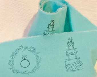 Wedding Cake Wedding Ring Bridal Blue Hand Stamped Ribbon Trim