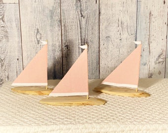 3 Linen  Pink Sail Driftwood Sailboat 3 to 5 inch  Seaside Nautical Resort  Decor Wedding Center Peice