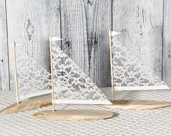 Petite Fleet of 4 White Lace Driftwood Sailboat Seaside Nautical Resort Decor Wedding Center Peice