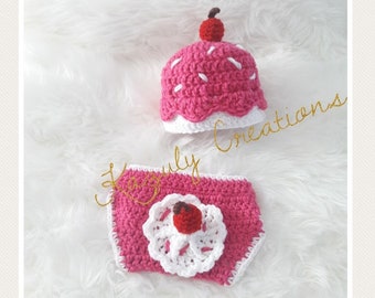 Cupcake baby girl photo prop , cupcake cherry newborn outfit , crochet cupcake baby outfit , cupcake girl hat