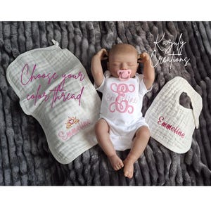 Embroidered baby girl bib and burp cloth, custom monogrammed bodysuit set, personalized baby shower gift, name embroidered baby set