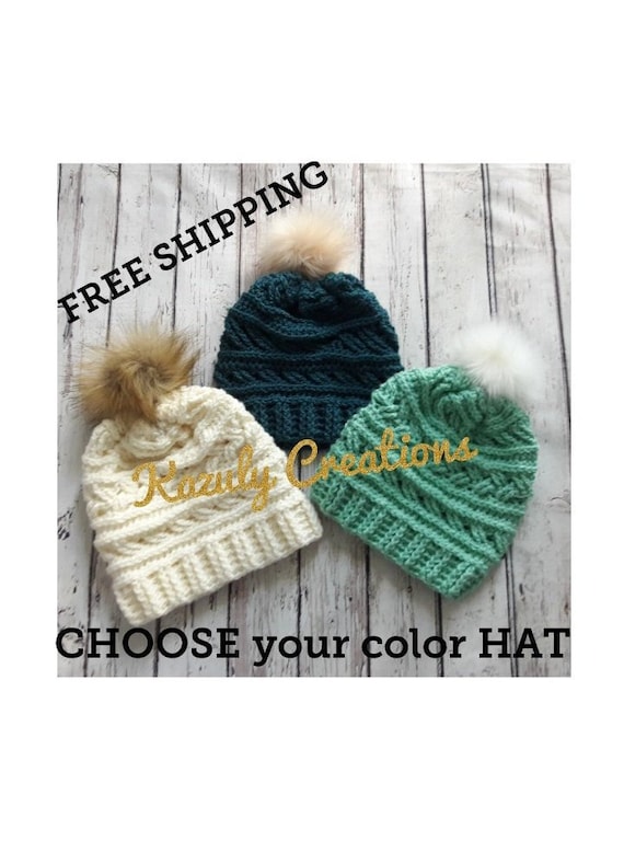 Cable Knit Crochet Beanie Hat Handcrafted With Faux Fur Pom Handmade Blue Green Cozy Handmade Crocheted Beanie with Faux Fur Pom Pom - Made  main image 2
