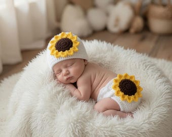 Crochet Sunflower Baby Photo Prop: Newborn Hat & Diaper Cover