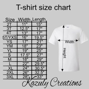 May include: T-shirt size chart with measurements in inches for different sizes, from 2T to 3XL. The chart shows the width and length of each size. A white t-shirt is shown next to the chart with measurements for width and height.