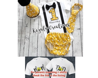 Bumble Bee Embroidered Birthday Outfit: First or Second Birthday