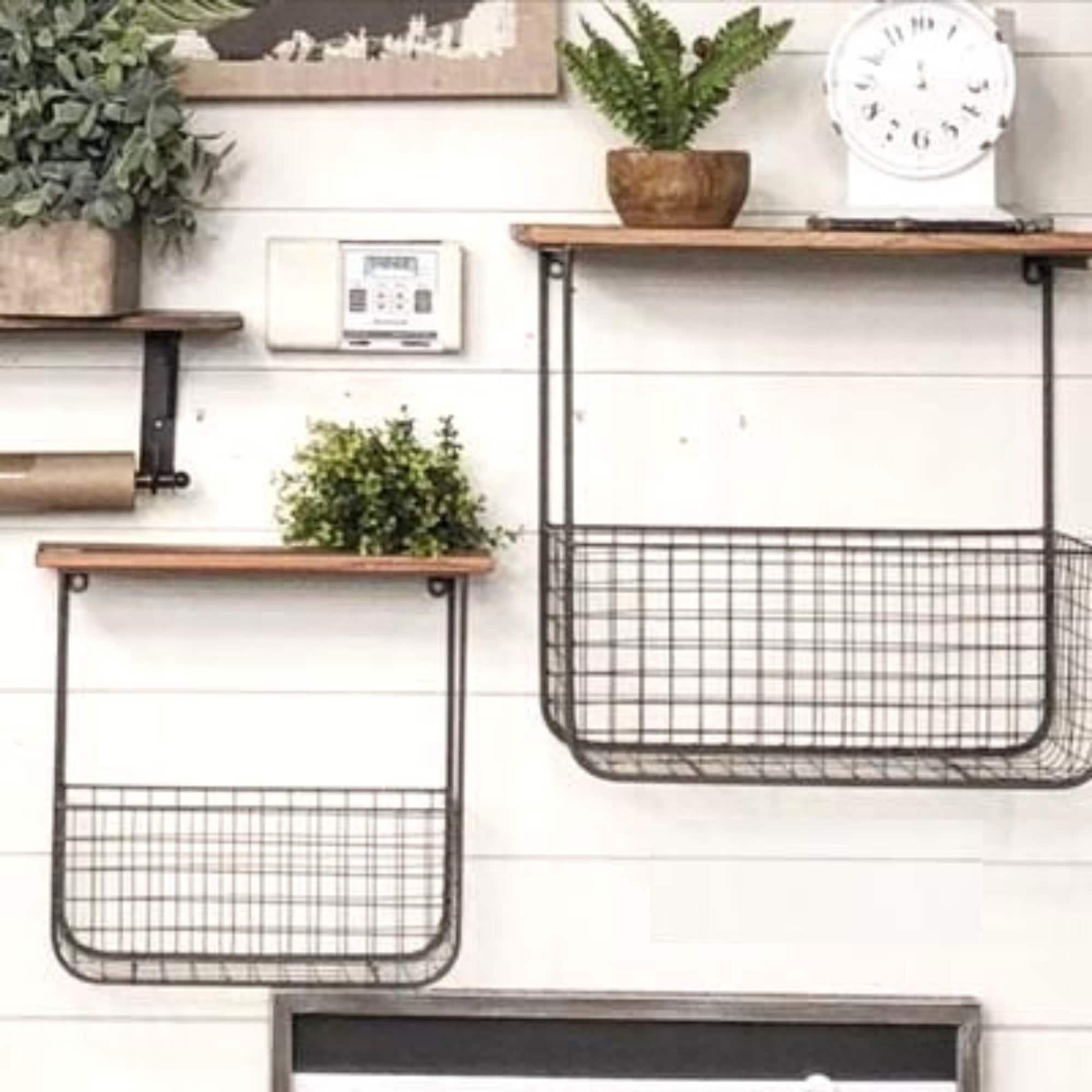 Set of 2 Wire Basket Shelves With Recycled Wood Tops Etsy