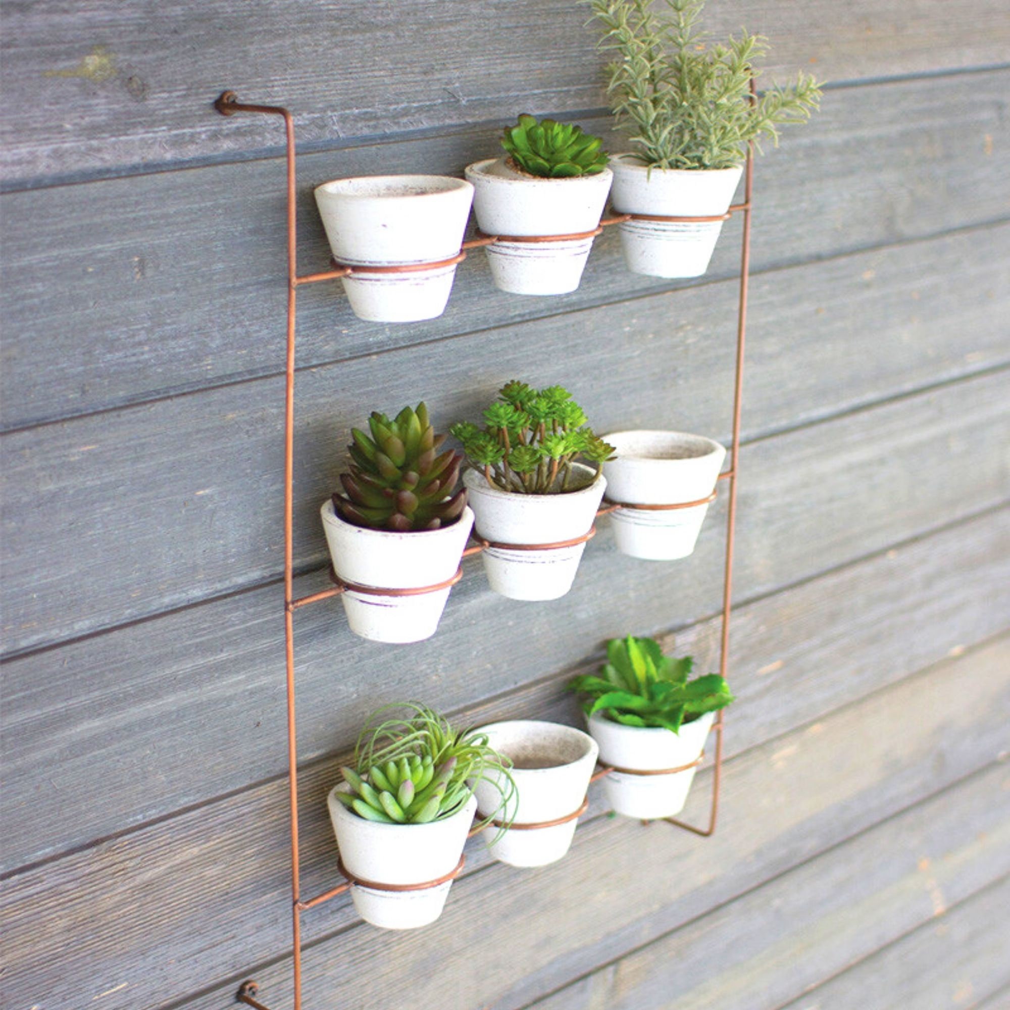 Set Of Nine White Wash Clay Pots On Copper Finish Wall Rack Etsy