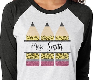School shirt,Teacher Pencil shirt,cheetah print,pencil,yellow pencil,colorful,teacher,school,shirt,teacher Raglan shirt,Pencil Teacher Shirt