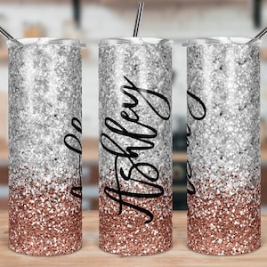 Glittery tumbler,personalized tumbler,sublimated tumbler,skinny tumbler,custom drinkware,rose gold & silver tumbler,gift for her,tumbler