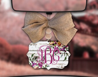 Floral Car Charm,Monogram Car Charm,White Shiplap Car Charm,Shiplap Decor,Boho,Car Charm for Rear View Mirror,Car Mirror Charm,Car Decor