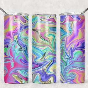May include: Three stainless steel tumblers with a colorful abstract swirl design. The design features shades of pink, blue, green, and yellow.