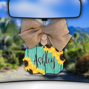 Sunflower Car Charm,Floral Car Charm,Custom Car Charm,Blue Wood,Blue Shiplap,Rear View Mirror Decor,Car Mirror Charm,Car Decor,Car Accessory