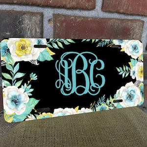 Individuelles Nummernschild, Monogramm Nummernschild, schwarz, personalisiert, blau, Blumen