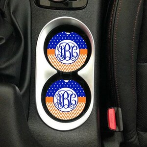 Car Coaster set of 2,polkadot,Monogram car coaster,Car decor,monogram,car,cup holder,monogram cup holder,chevron print,chevron,blue,orange