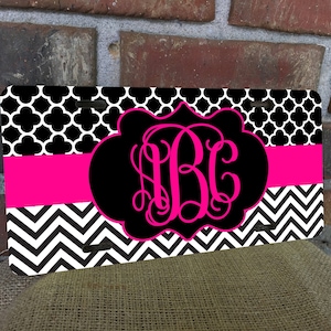 Custom License Plate, Monogram License Plate, Monogram, Pink, Black, White, Personalized Plate, Clover, Chevron