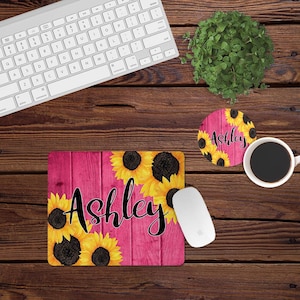 Mouse Pad and Coaster Set,Sunflower desk set,pink,sunflower,yellow,shiplap,farmhouse,desk decor,mouse pad,desk set,monogram,custom,mousepad
