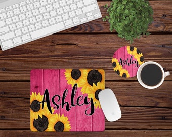 Mouse Pad and Coaster Set,Sunflower desk set,pink,sunflower,yellow,shiplap,farmhouse,desk decor,mouse pad,desk set,monogram,custom,mousepad