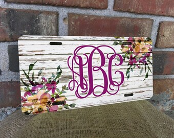 Plaque d'immatriculation à monogramme floral, étiquette de voiture personnalisée gris rustique