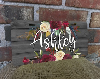 Dark Wood License Plate,Cute License Plate,rose license plate,floral,custom license plate,personalized license plate,custom,white,name