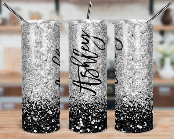 Glittery Tumbler,personalized Tumbler,sublimated Tumbler,skinny Tumbler,custom  Drinkware,black & Silver Tumbler,gift for Her,cute Tumbler 