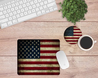 Mouse Pad and Coaster Set,American Flag desk set,American Flag,desk decor,USA,mouse pad,car,4th of July desk set, patriotic car,USA,America