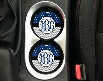 Car Coaster set of 2,Monogram car coaster,Car decor,monogram,car,cup holder,monogram cup holder,chevron print,black,blue,white,gray,polkadot