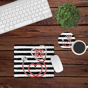 Mouse Pad and Coaster Set,Monogram desk set,nurse,black,doctor,stesthoscope,desk decor,mouse pad,car,desk set,white,monogram,custom,mousepad
