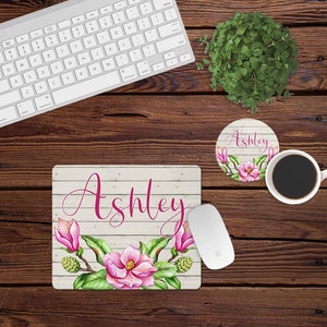 Mouse Pad and Coaster Set,Floral desk set,white,floral,flower,pink,shiplap,farmhouse,desk decor,mouse pad,desk set,personal,custom,mousepad