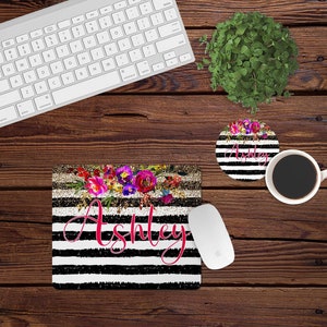 Mouse Pad and Coaster Set,Personalized desk set,floral,black,white,stripes,desk decor,multicolor,mouse pad,car,desk set,customized,mousepad