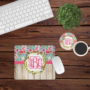 Mouse Pad and Coaster Set,Monogram desk set,pink,shiplap,desk decor,white,mouse pad,car,desk set,floral,monogram,custom,mousepad,farmhouse