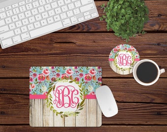 Mouse Pad and Coaster Set,Monogram desk set,pink,shiplap,desk decor,white,mouse pad,car,desk set,floral,monogram,custom,mousepad,farmhouse