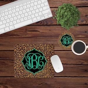 Mouse Pad and Coaster Set,Monogram desk set,teal,jaguar,cheetah,desk decor,black,mouse pad,car,desk set,initials,monogram,custom,mousepad