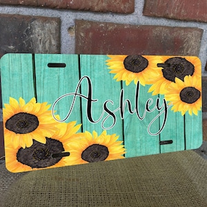 Blue Wood License Plate,cute License Plate,sunflower license plate,floral,custom license plate,personalized plate,yellow,sunflower,black