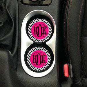 Car Coaster set of 2,Monogram car coaster,car decor,monogram,car,cup holder,monogram cup holder,black and white,black,white,chevron,pink