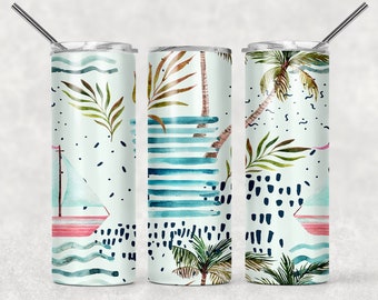 Palm tree tumbler,beachy tumbler,painted tumbler,cute tumbler,sublimated tumbler,skinny tumbler,custom tumbler,gift for teen,gift for her