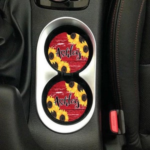 Car Coaster set of 2,name car coaster,car decor,name,car,cup holder,name cup holder,flowers,floral print,floral,red wood,wood,sunflowers